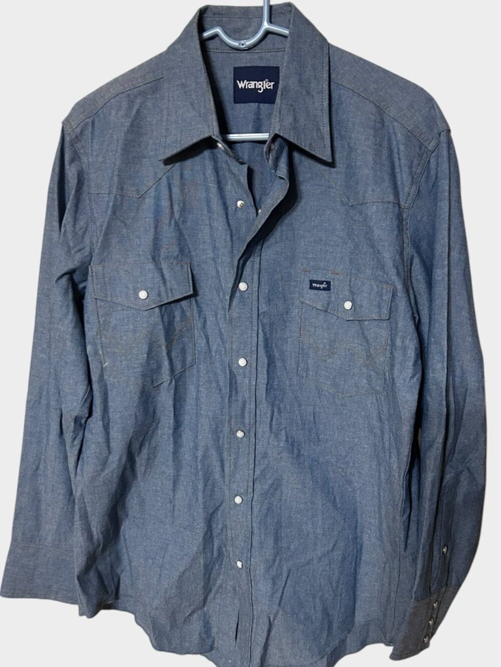Wrangler Chambray Pearl Snap Western Shirt Men’s 18x34 XL Blue Long Sleeve Cowbo